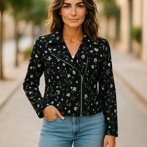 LOFT Outlet 6 Floral Moto Jacket Black White Green Cropped Zipper‎ Blazer Edgy